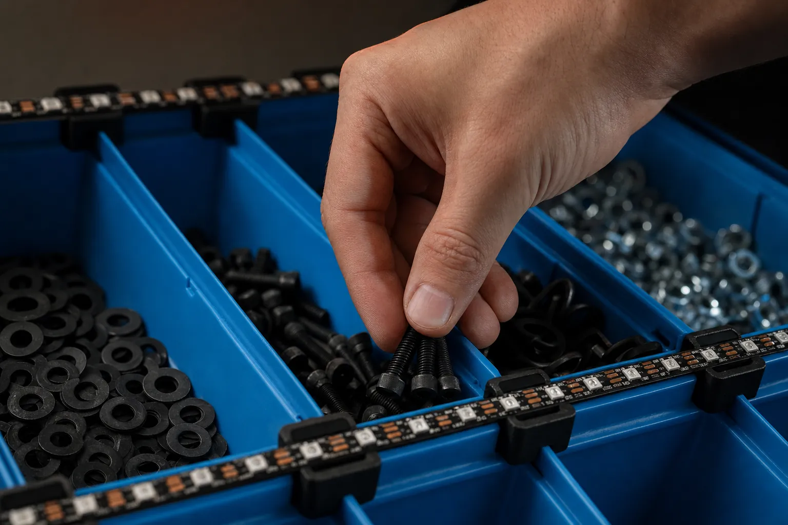 Eine Hand nimmt Schrauben aus einem blauen Kleinteilekasten; an der Oberkante läuft der LED-Streifen, gehalten von schwarzen 3D-gedruckten Haltern.