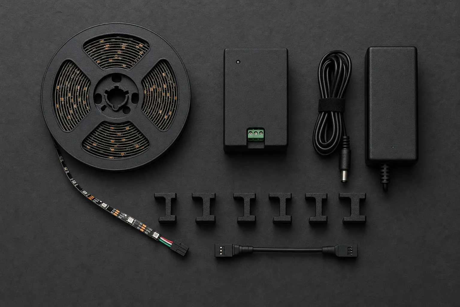 Draufsicht auf das Startpaket: Rolle mit schwarzem LED-Streifen, kleiner schwarzer Controller, 12-Volt-Netzteil mit Kabel und einige schwarze 3D-gedruckte Halter.