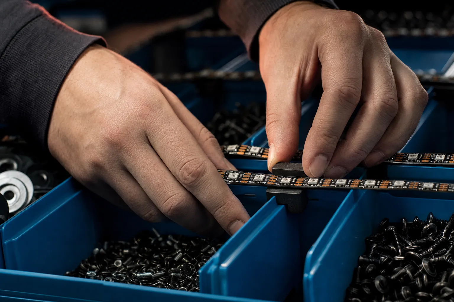 Zwei Hände setzen einen schwarzen 3D-gedruckten Halter über die Wände zweier blauer Kästen; darin liegt der LED-Streifen.