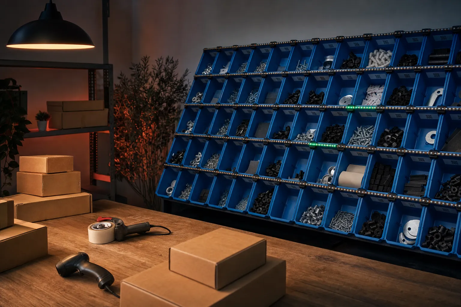 Kleines Lager mit Packtisch, Versandkartons und Handscanner; dahinter ein schräges Regal mit blauen Kleinteilekästen, an zwei Fächern leuchtet der LED-Streifen grün.